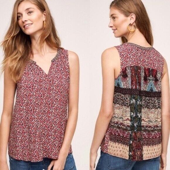 Anthropologie One September Womens Top Size M Tamarosa Red Pleated Patchwork - Picture 1 of 10